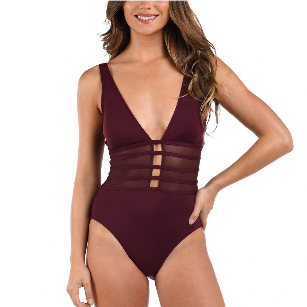 La Blanca Mesh Inset One Piece Swimsuit Dark Cherry LB4ZZ12-DCH Womens 8